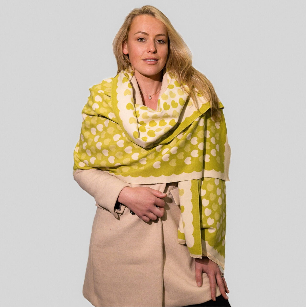 Zelly Heart Print Reversible Cosy Scarf - Lime Green/Cream