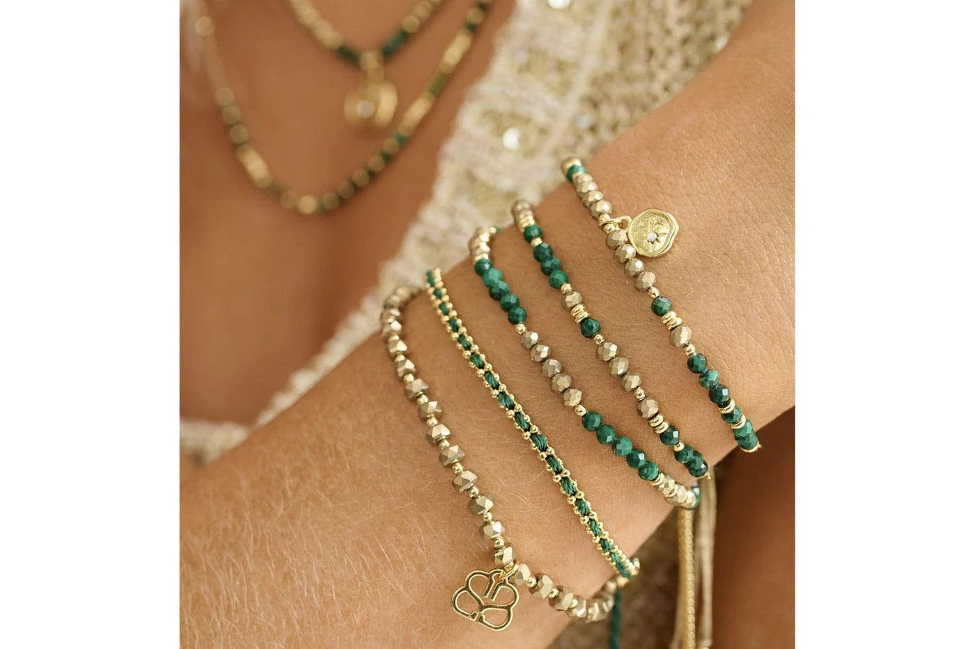 Boho Betty Olive Green Malachite & Gold Stretch Bracelet