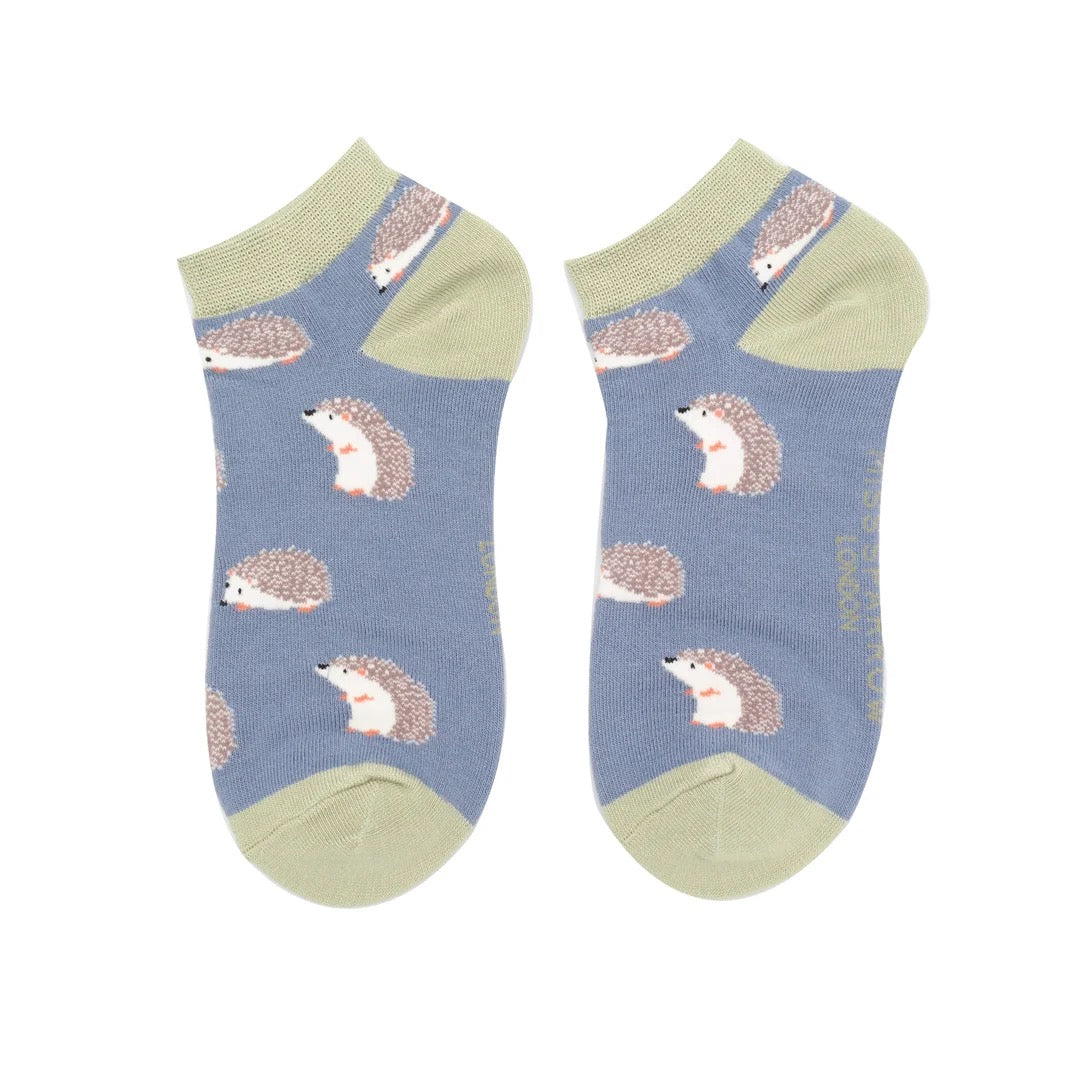 Miss Sparrow Bamboo Trainer Socks - Cute Hedgehogs - Blue