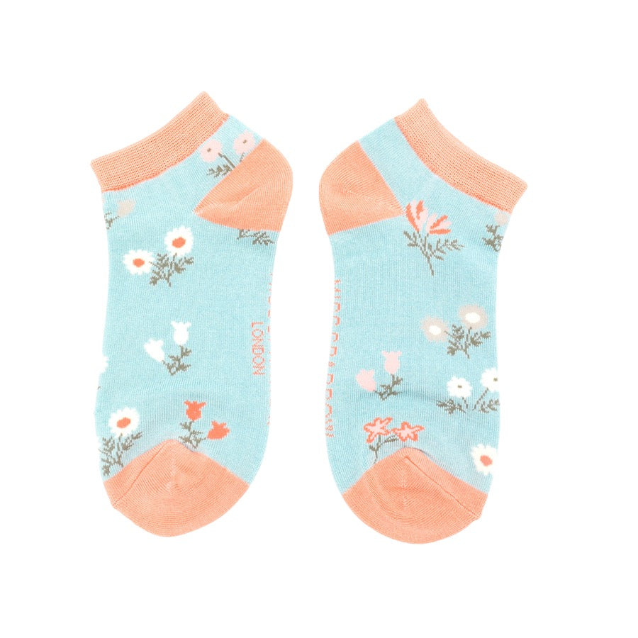 Miss Sparrow Bamboo Trainer Socks - Dainty Floral - Duck Egg Blue