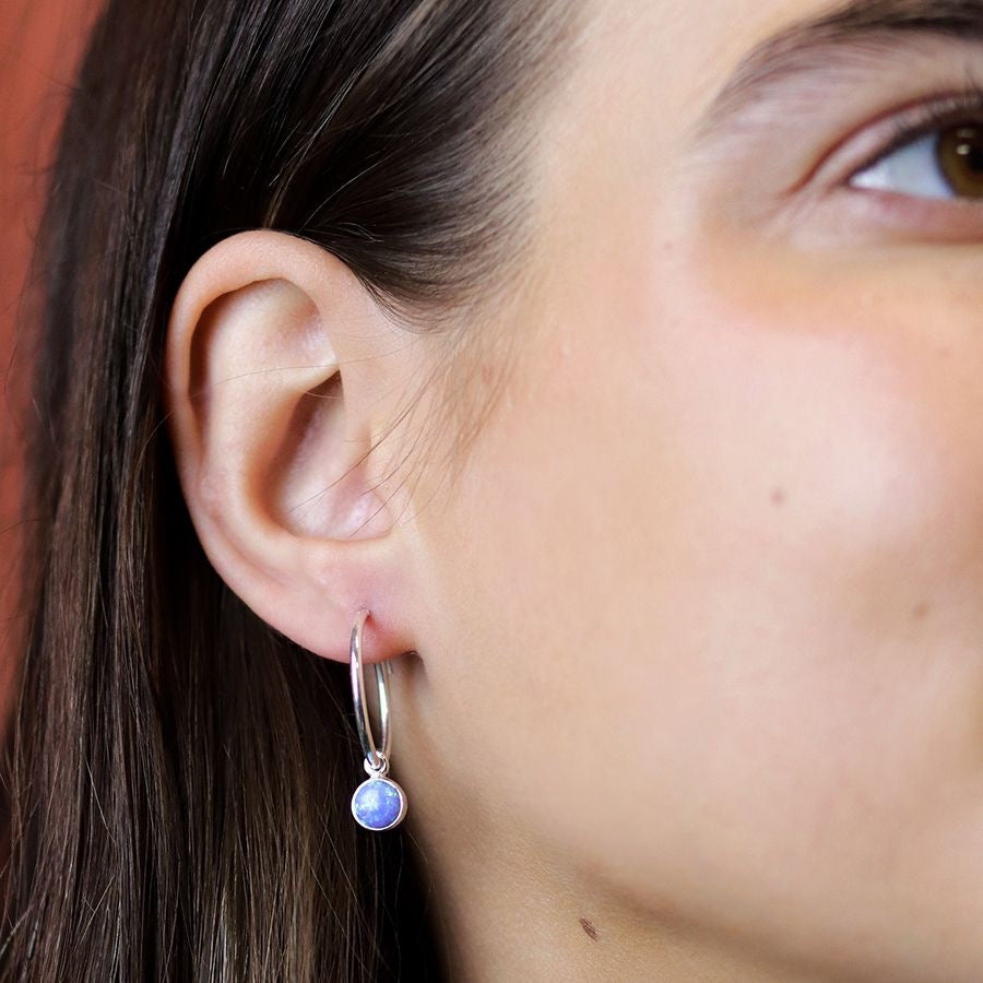 POM Sterling Silver Fine Hoop Earrings with Round Blue Opal Charms