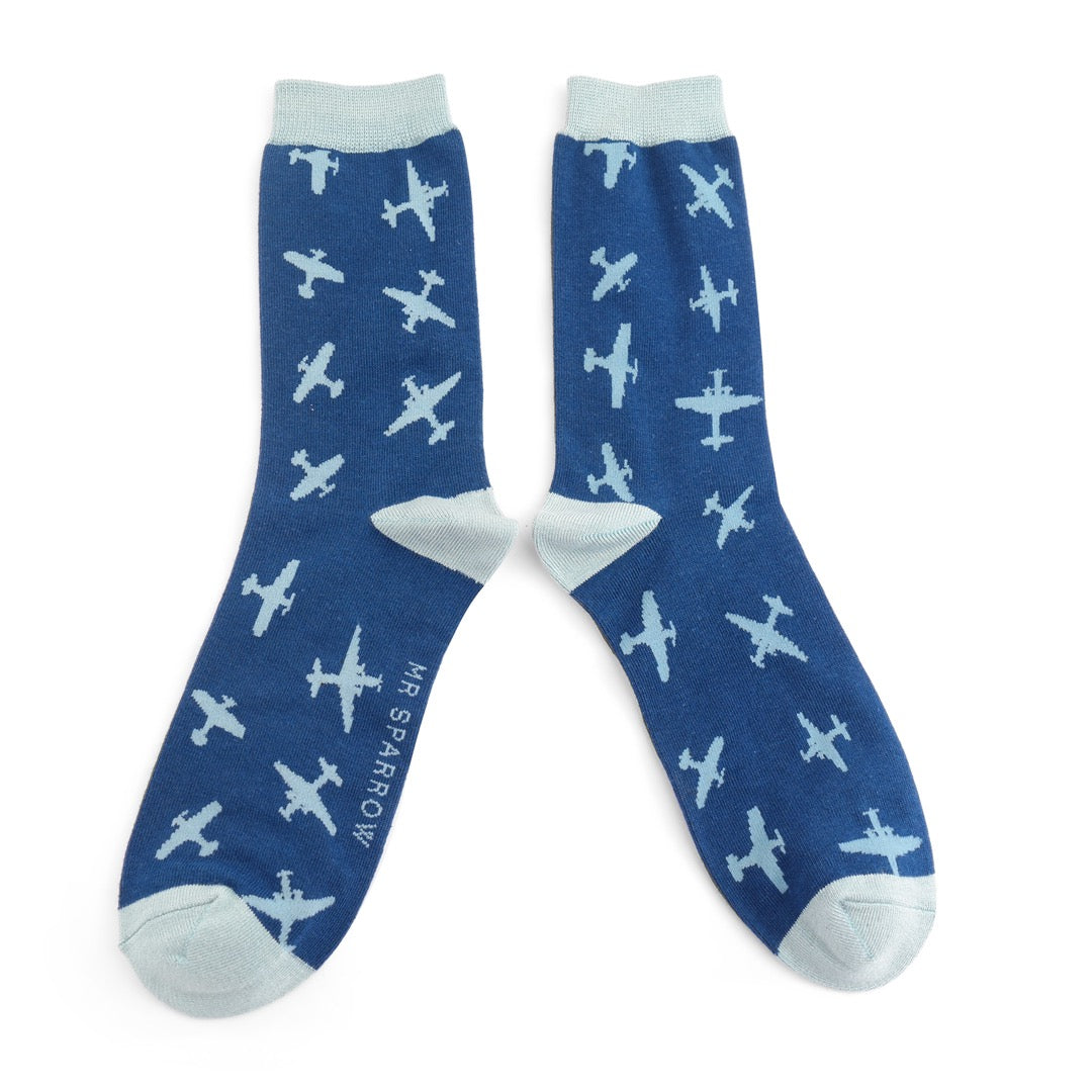 Mr Sparrow MENS Bamboo Ankle Socks -Planes - Navy Blue