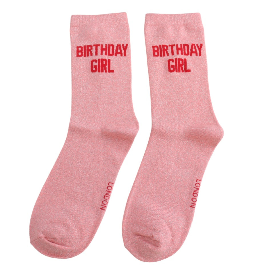Miss Sparrow Ladies Bamboo Glitter Statement Ankle Sock - Birthday Girl - Pink