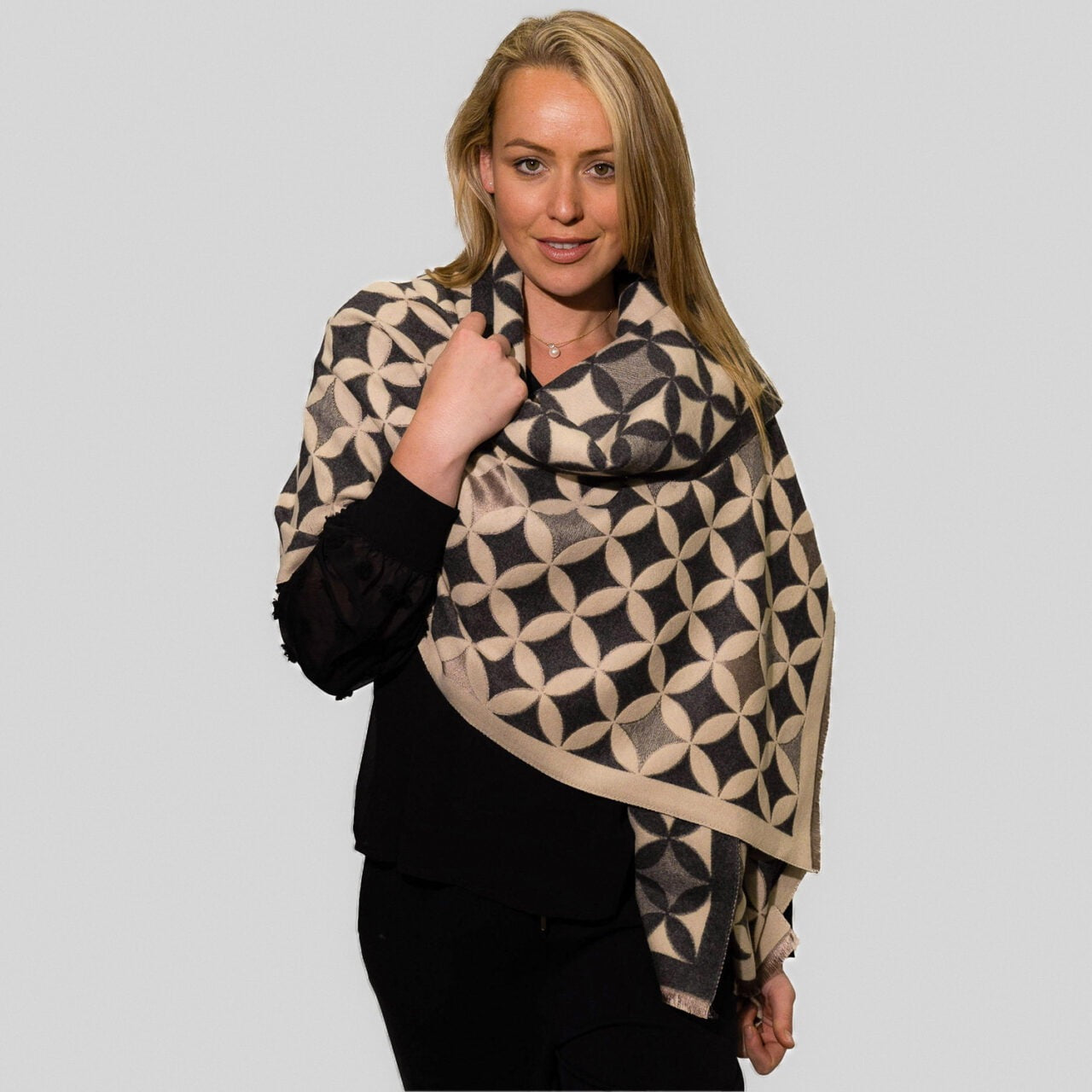 Zelly Geometric Print Reversible Cosy Scarf - Charcoal Grey/Black/Oatmeal