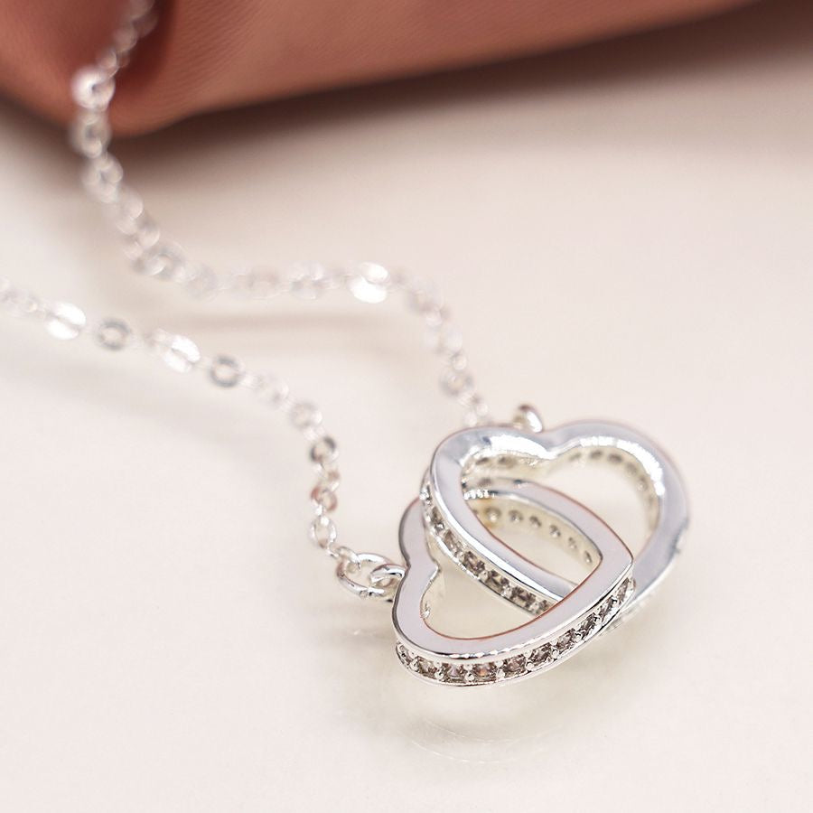 POM Silver Plated Crystal Edged Linked Hearts Necklace