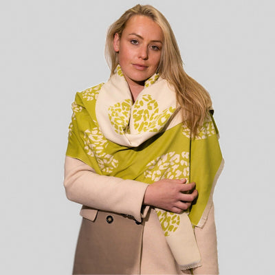 Zelly Animal Print Heart Reversible Cosy Scarf - Lime Green/Cream