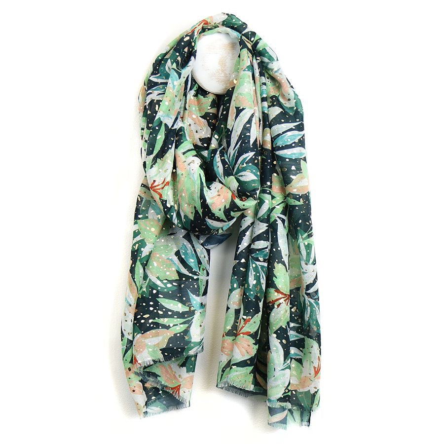 POM Dusky Green Mix Watercolour Lily Print Scarf with Gold Foil Spot Detail