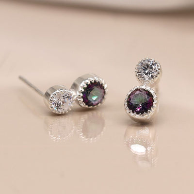 POM Sterling Silver Double Stone Mystic Topaz & CZ Stud Earrings