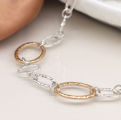 POM Silver Plated & Faux Gold Hammered Linked Hoops Bracelet Necklace