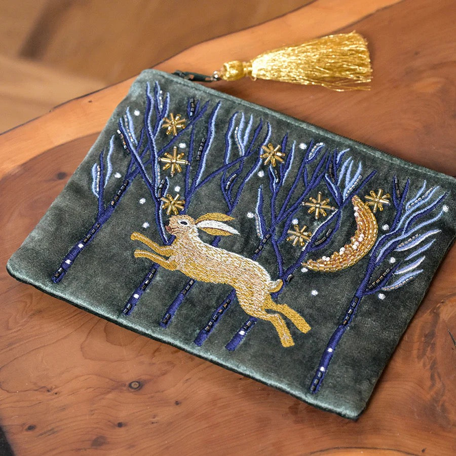 POM Midnight Green Velvet Leaping Hare Embroidered Small Zip Pouch with Tassel
