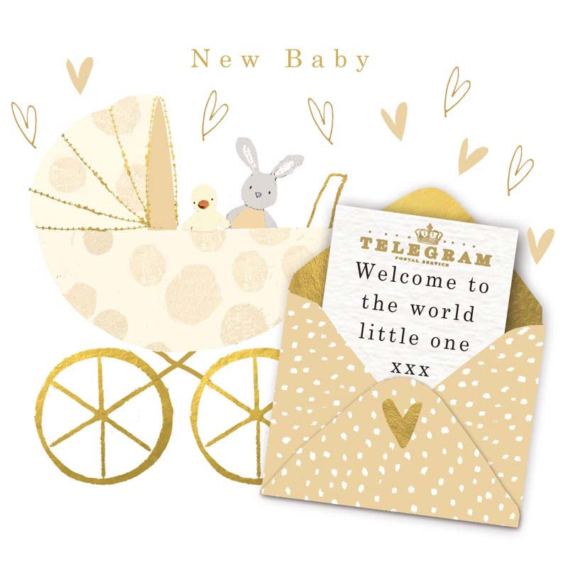 New Baby Card - Welcome to the world Little One -Pram &amp; Letter - Hammond Gower