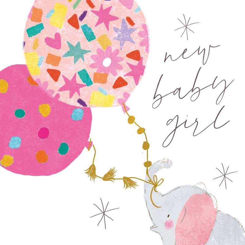 New Baby Girl Card - Elephant &amp; Colourful Balloon - Hammond Gower