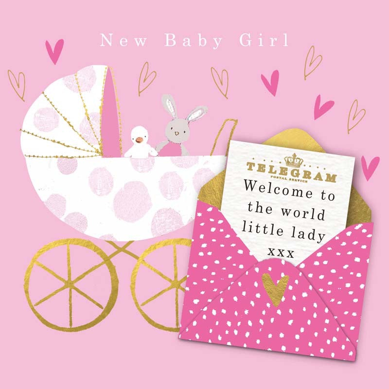 New Baby Girl Card - Welcome to the world Little One -Pram &amp; Letter - Hammond Gower