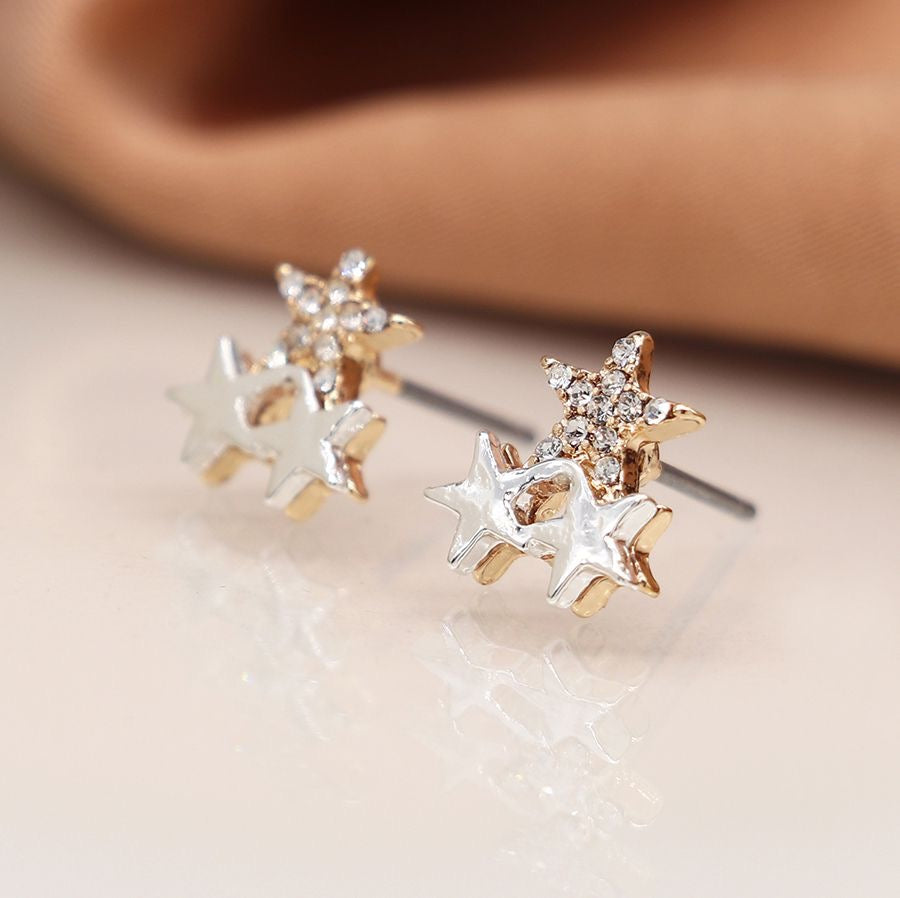 POM Silver Plated Faux Gold & Silver Triple Crystal Stud Earrings