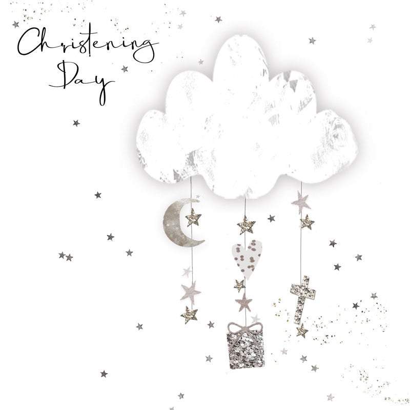 Christening Day - Cloud, Moon, Stars &amp; Cross - Card - Hammond Gower