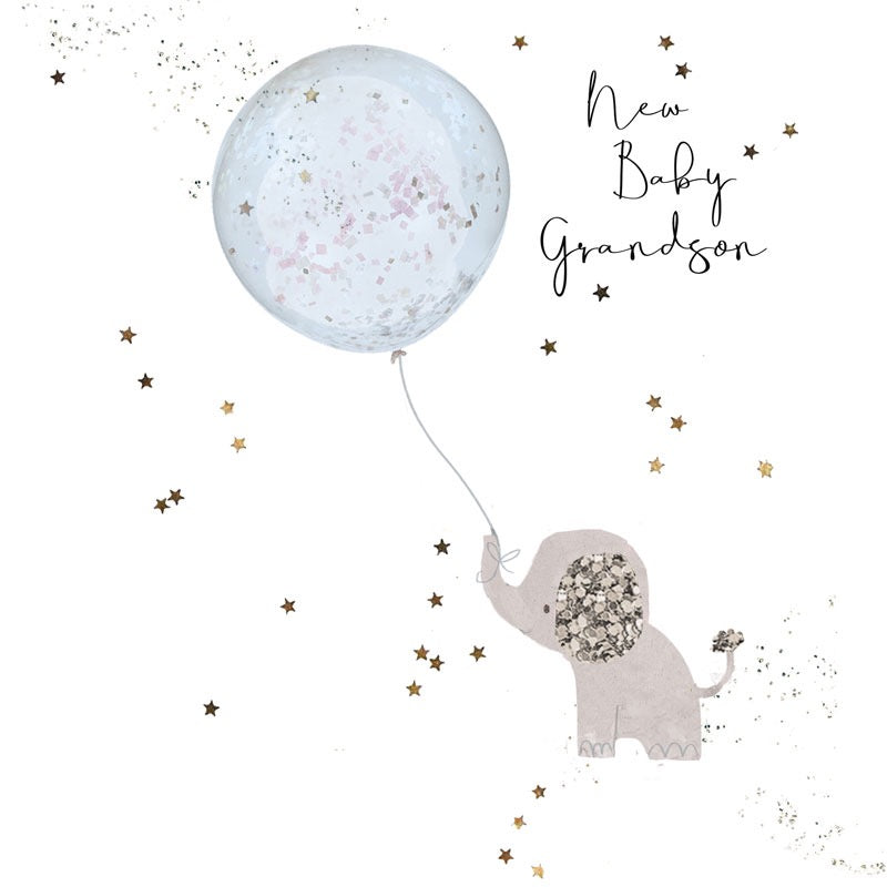 New Baby Grandson - Elephant &amp; Blue Balloon - Card - Hammond Gower