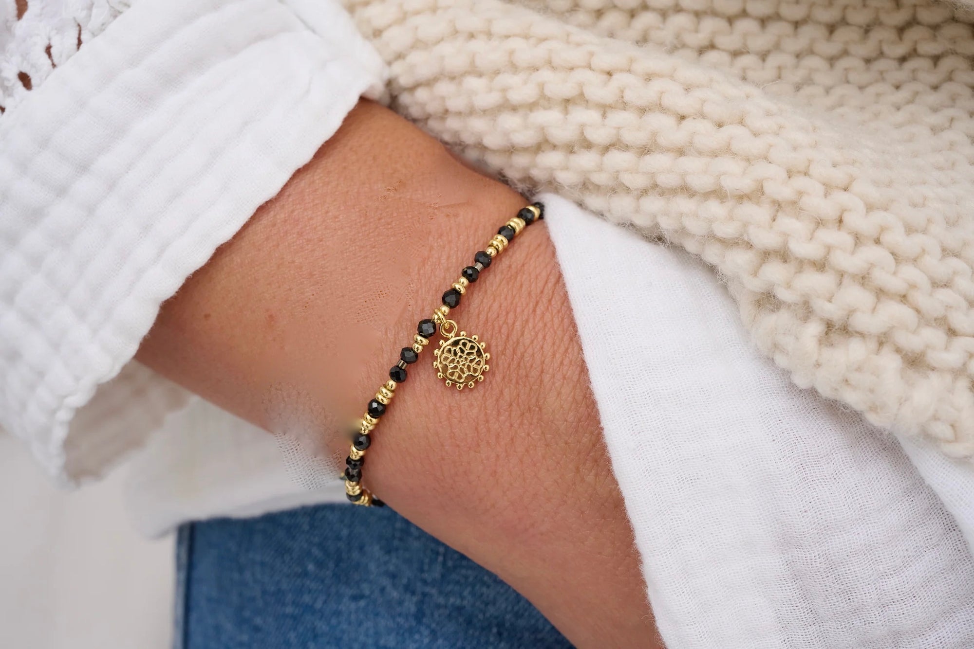 Boho Betty - Ebony -Black Spinel Gemstone &amp; Gold Disc - Cord Slider Bracelet