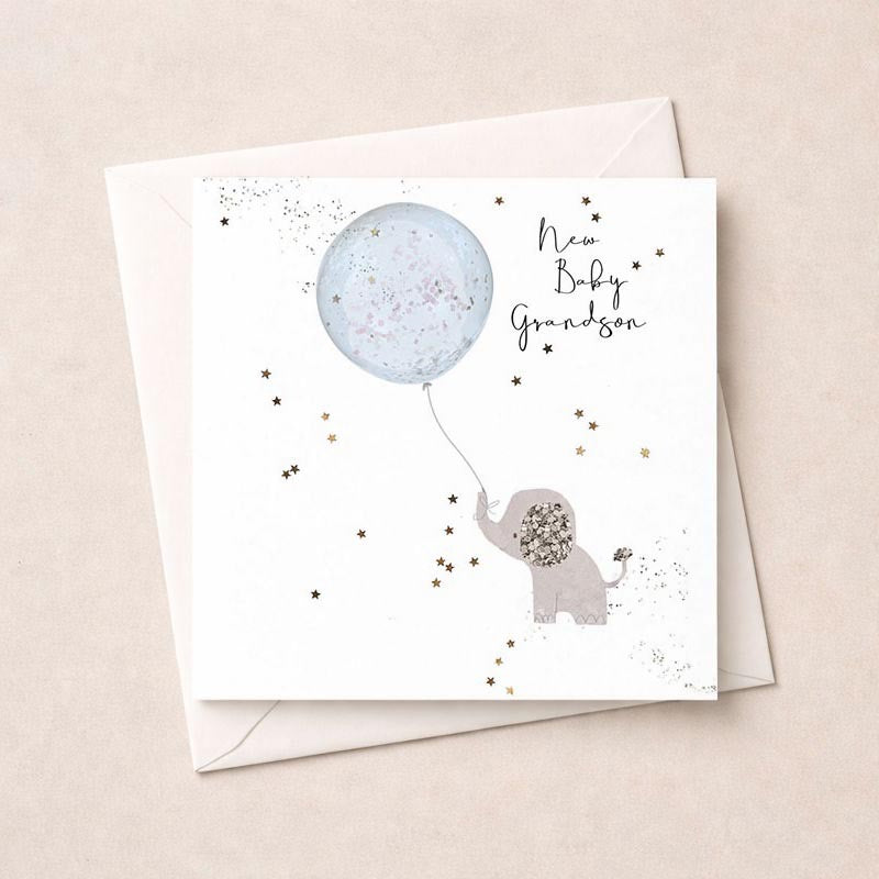 New Baby Grandson - Elephant &amp; Blue Balloon - Card - Hammond Gower