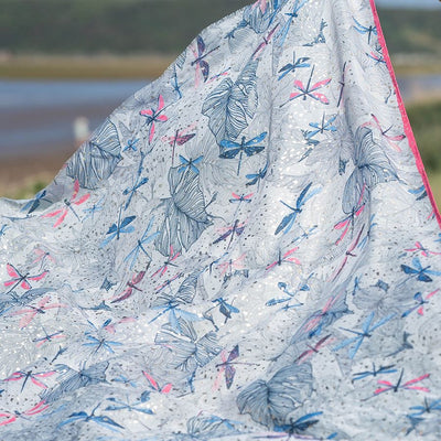 POM Grey with Pink & Blue Dragonfly Print Scarf with Gold Foil Spot Detail