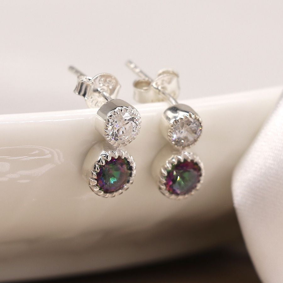 POM Sterling Silver Double Stone Mystic Topaz & CZ Stud Earrings