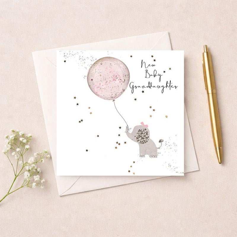 New Baby Granddaughter - Elephant &amp; Pink Balloon - Card - Hammond Gower