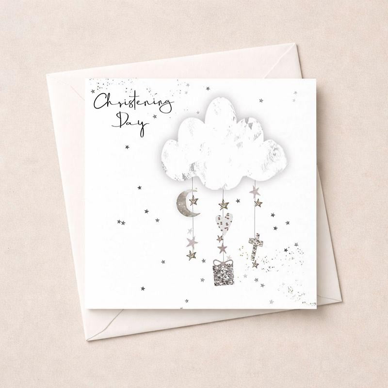 Christening Day - Cloud, Moon, Stars &amp; Cross - Card - Hammond Gower
