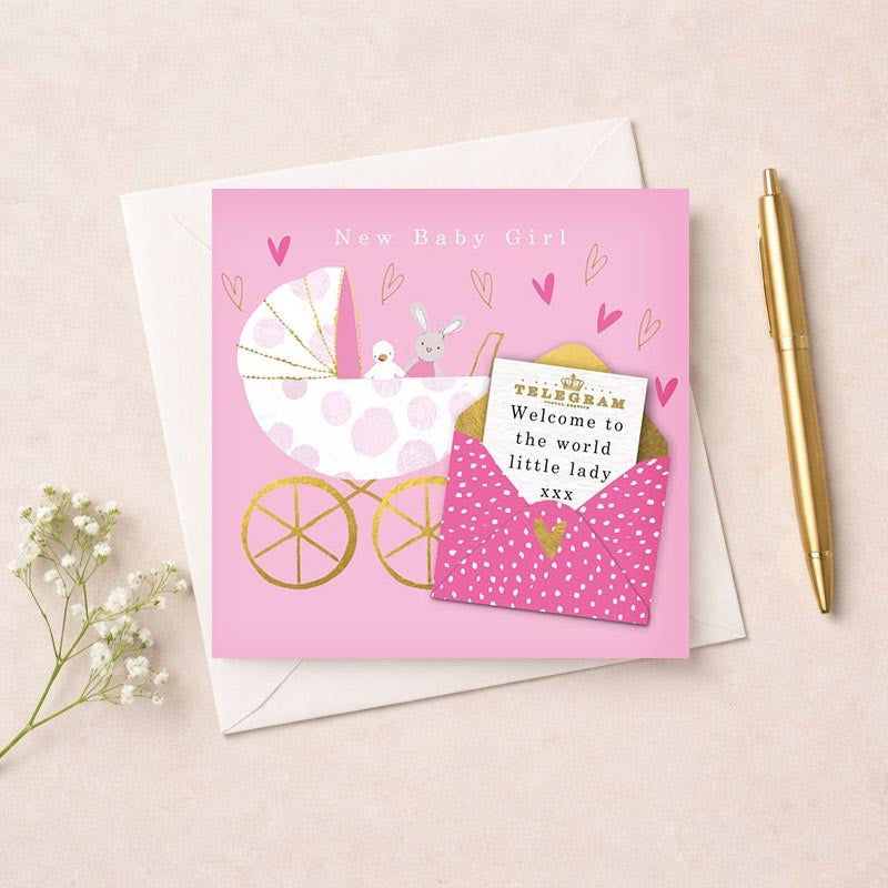 New Baby Girl Card - Welcome to the world Little One -Pram &amp; Letter - Hammond Gower