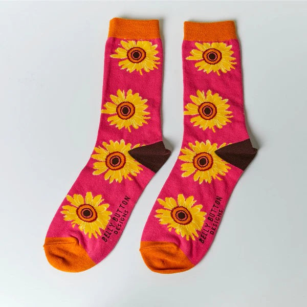 Belly Button Bamboo Socks - Sunflowers - Fuchsia Pink/Yellow