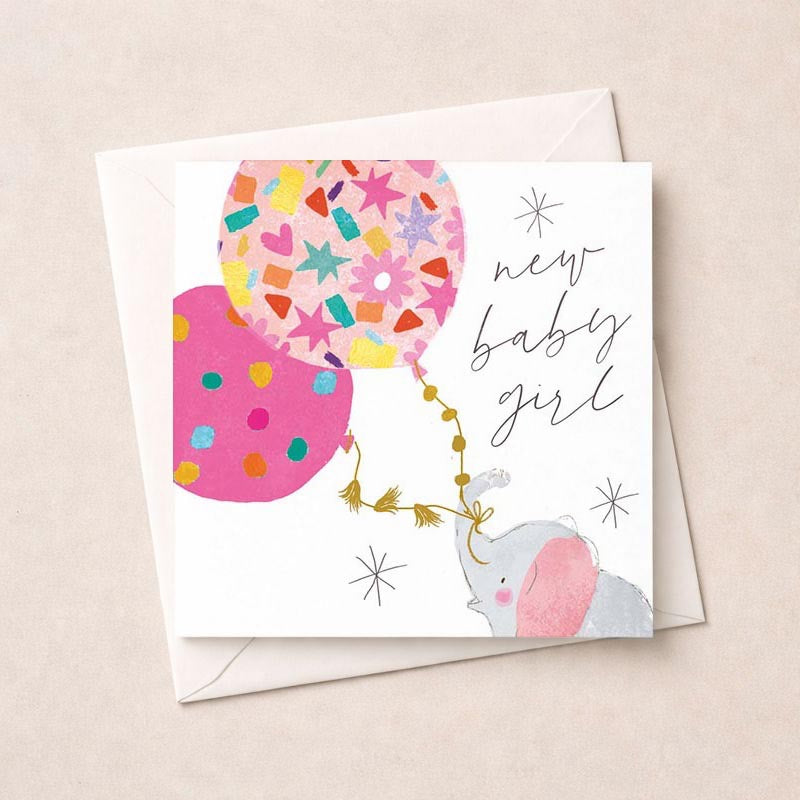 New Baby Girl Card - Elephant &amp; Colourful Balloon - Hammond Gower