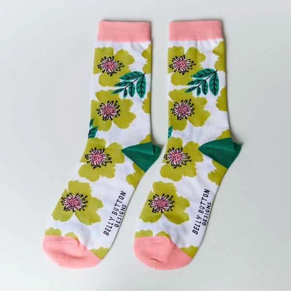 Belly Button Bamboo Socks - Yellow Flowers - White/Yellow/Green