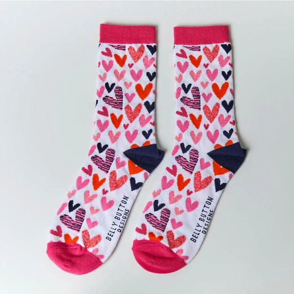 Belly Button Bamboo Socks - Hearts - White/Pink/Navy