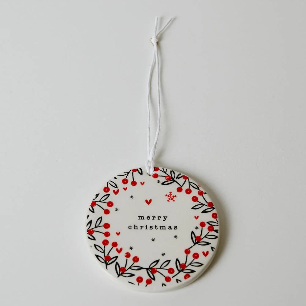 Belly Button Ceramic Hanging Disc Decoration - Merry Christmas - Red Berries Wreath