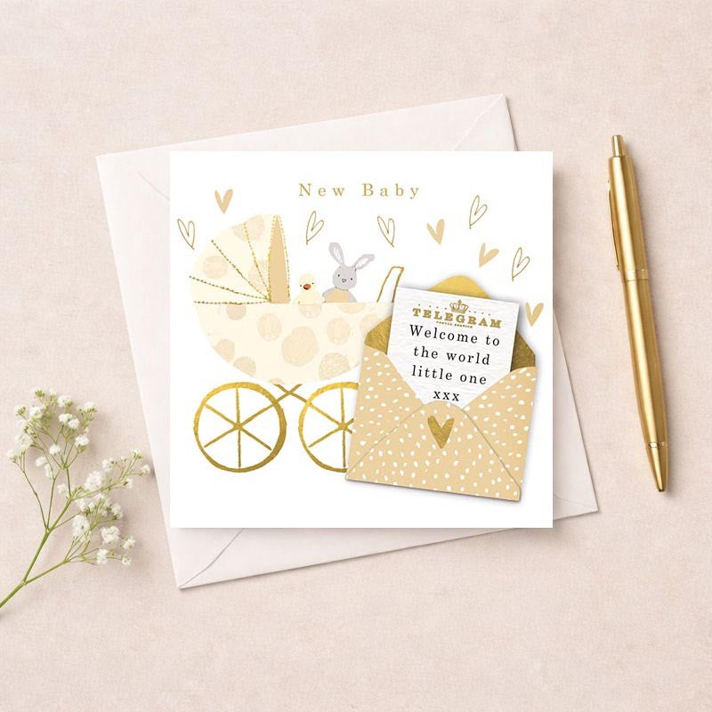 New Baby Card - Welcome to the world Little One -Pram &amp; Letter - Hammond Gower