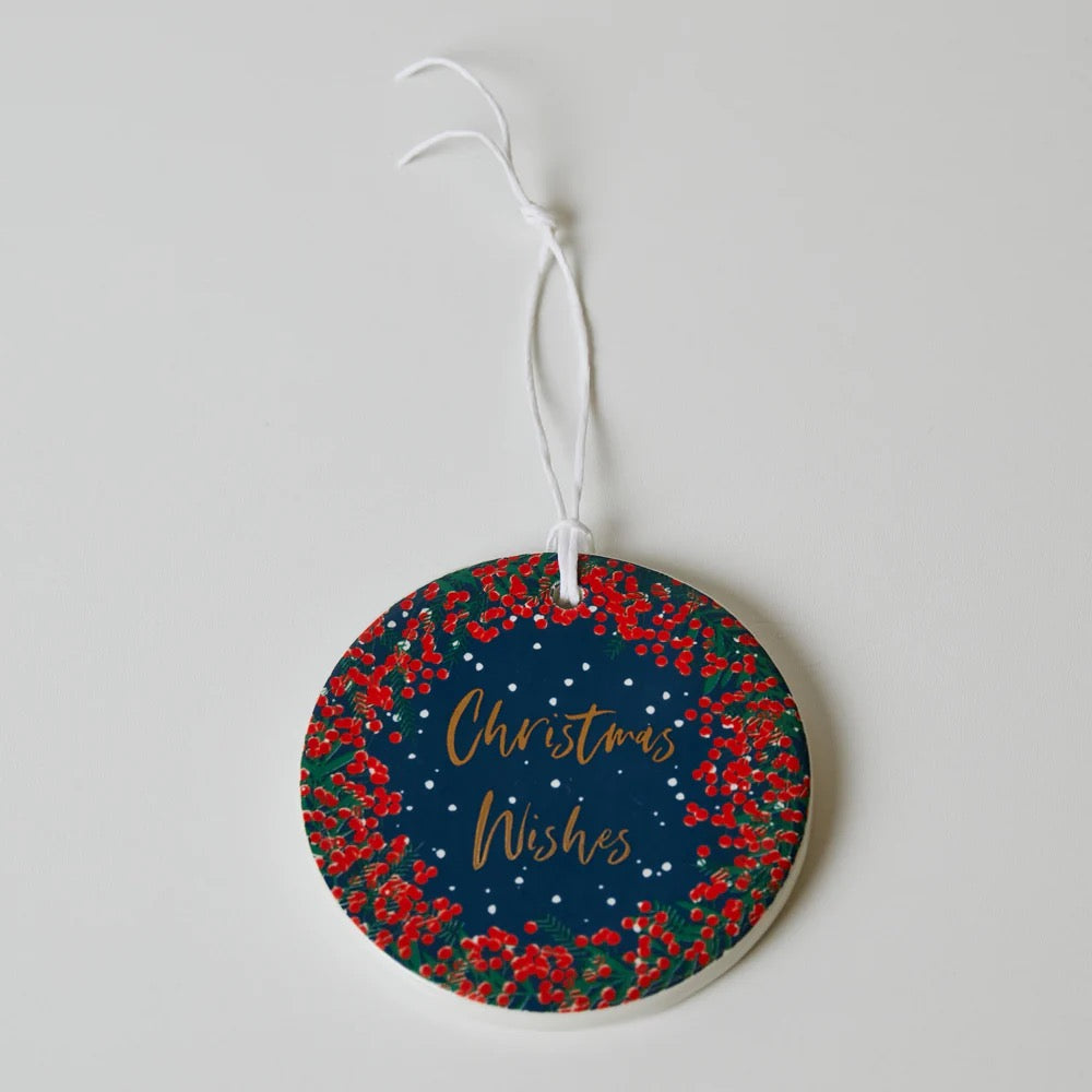 Belly Button Ceramic Hanging Disc Decoration - Christmas Wishes - Navy/Red Berries Wreath