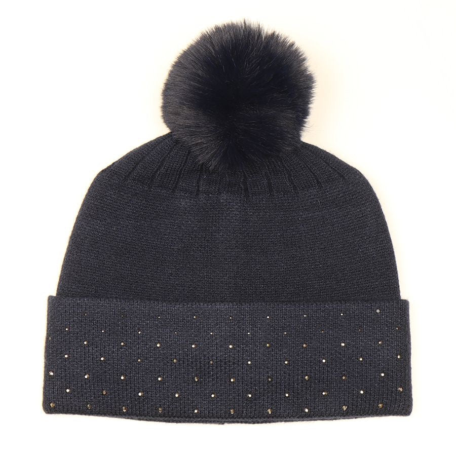 POM Black Studded Diamante Embellished Knitted Bobble Hat