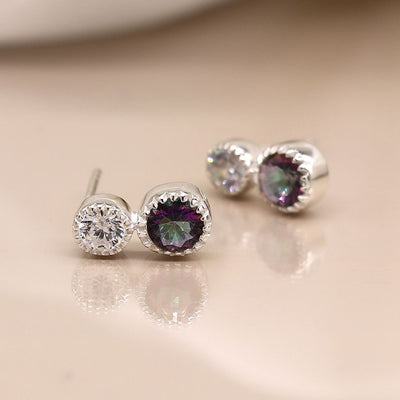 POM Sterling Silver Double Stone Mystic Topaz & CZ Stud Earrings