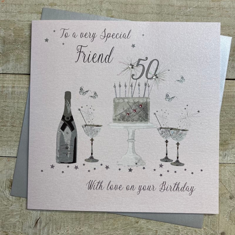 Special Friend 50 Birthday Cake &amp; Champagne Pink LARGE Card - White Cotton Cards