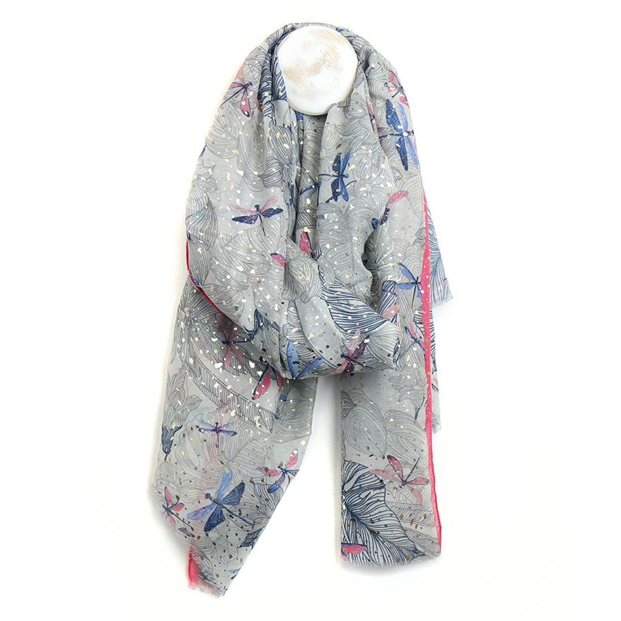 POM Grey with Pink & Blue Dragonfly Print Scarf with Gold Foil Spot Detail