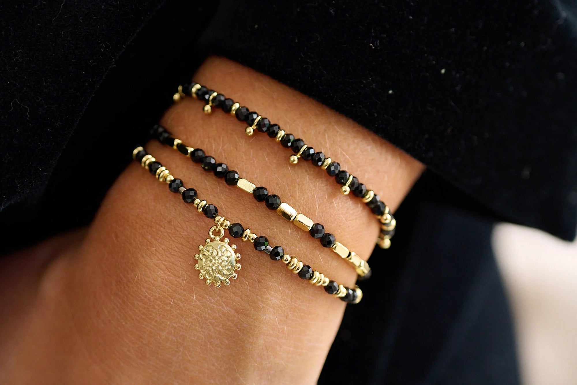 Boho Betty - Ebony -Black Spinel Gemstone &amp; Gold Disc - Cord Slider Bracelet