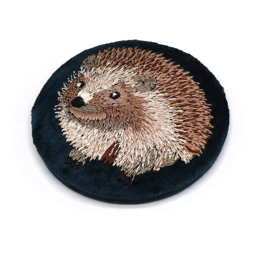 POM Dark Teal Velvet Hedgehog &amp; Autumn Leaves Embroidered Pocket Round Mirror