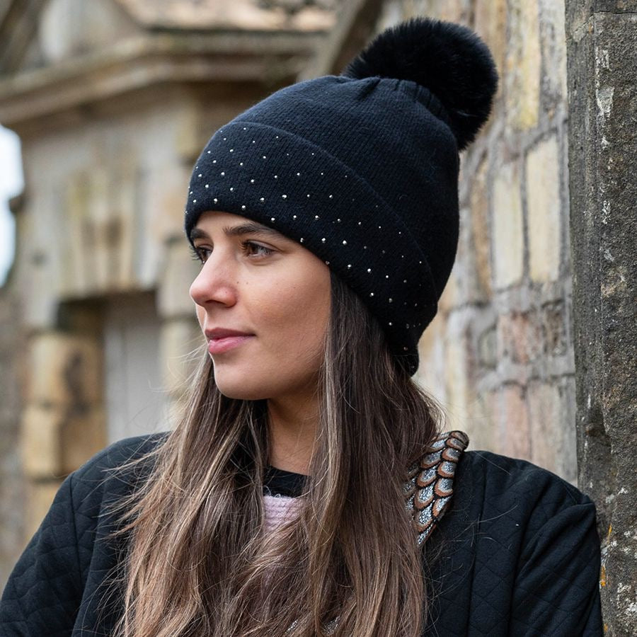 POM Black Studded Diamante Embellished Knitted Bobble Hat