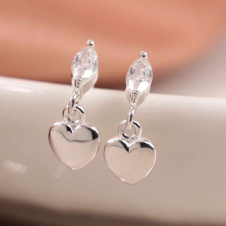 POM Sterling Silver Marquis Crystal & Heart Charm Earrings