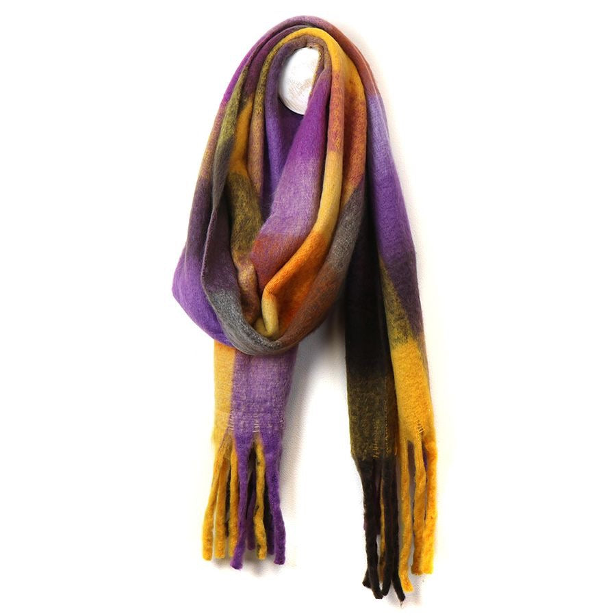 POM Purple/Mustard Multi Fluffy Checked Winter Tassel Scarf