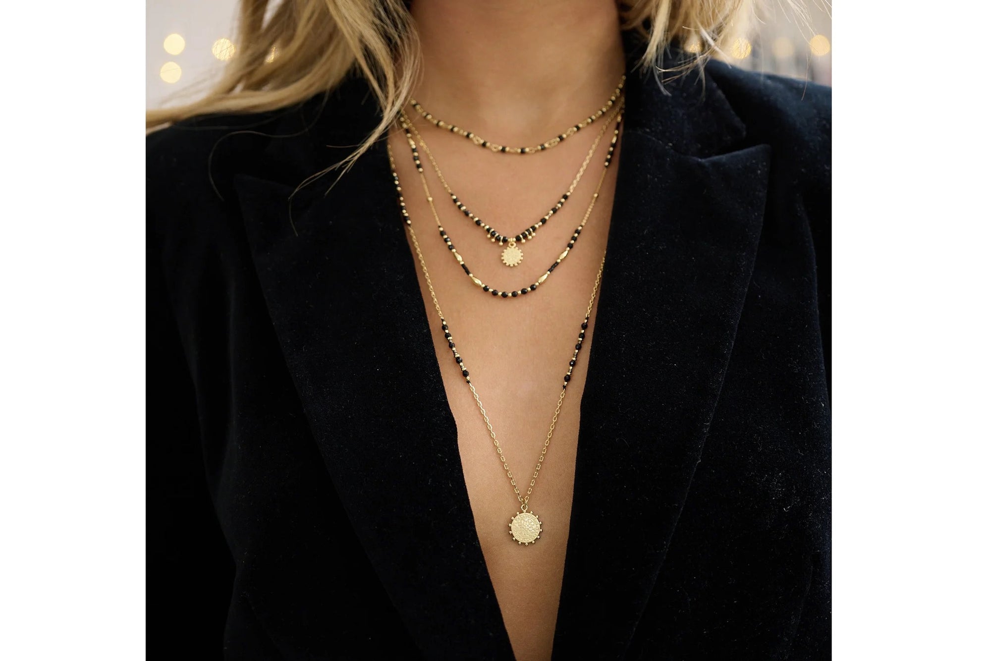Boho Betty Flora Black Spinel Gemstone Long Gold Disc Necklace