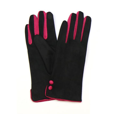 POM Black/Pink Two Tone Faux Suede Button Detail Ladies Gloves