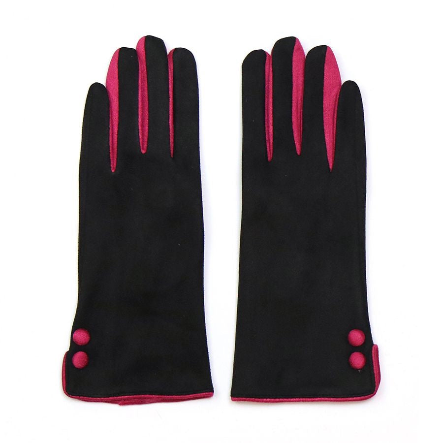 POM Black/Pink Two Tone Faux Suede Button Detail Ladies Gloves