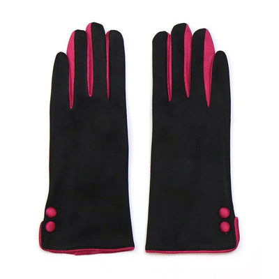 POM Black/Pink Two Tone Faux Suede Button Detail Ladies Gloves