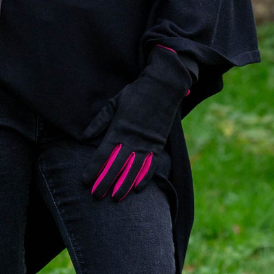 POM Black/Pink Two Tone Faux Suede Button Detail Ladies Gloves