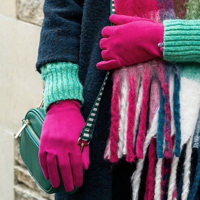 POM Bright Pink Faux Suede Fur & Button Detail Ladies Gloves