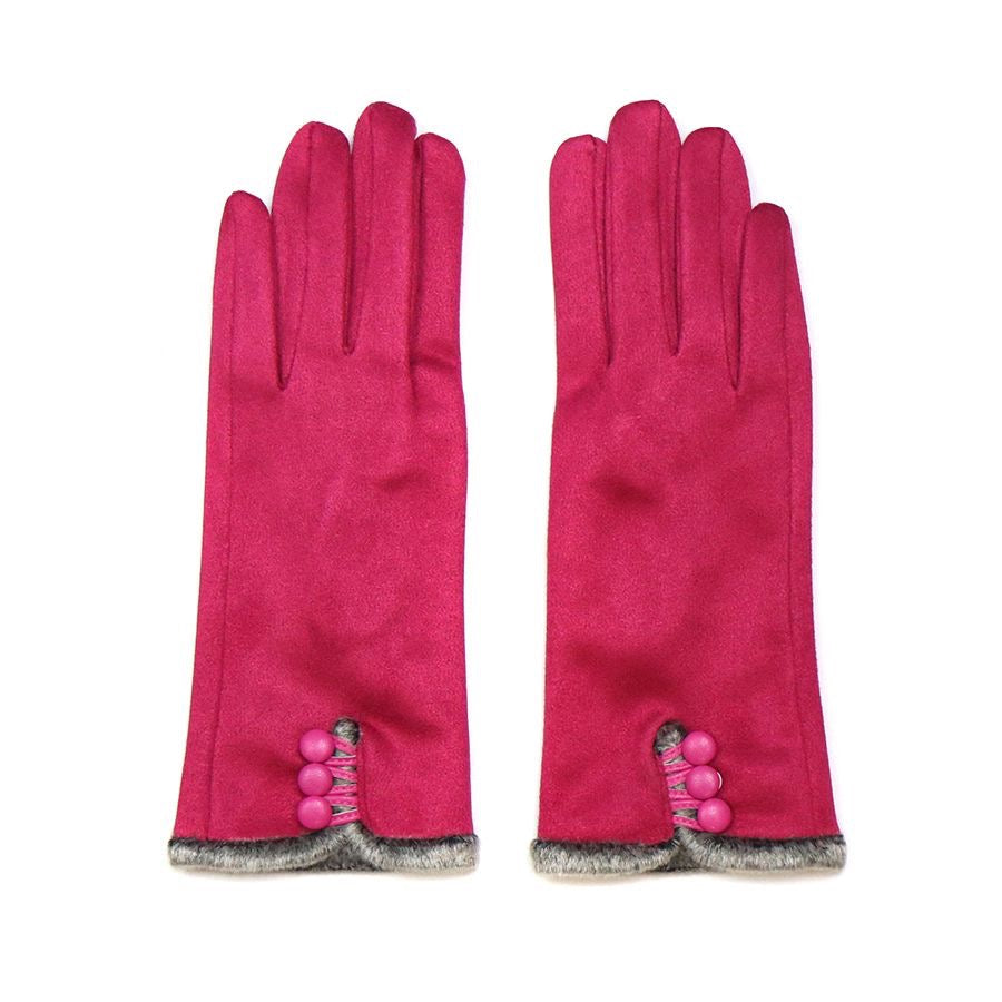 POM Bright Pink Faux Suede Fur & Button Detail Ladies Gloves